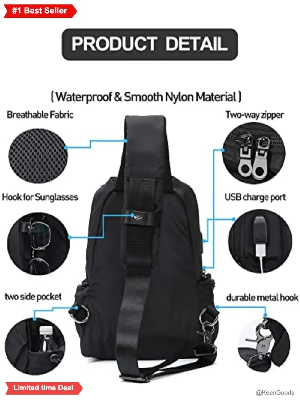 Small Nylon Sling Crossbody Backpack One Strap USB Charging Port Hiking Daypack